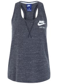 Mörkgrå Nike linne i texturerad tyg, med rundad halsringning, korsade axelband och vitt logotyp med texten "JUST DO IT".