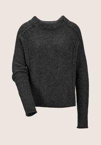 Donkergrijze trui, gebreide textuur, ronde hals, geribbelde boorden en zoom, losse pasvorm, lichtgewicht stof, met lange mouwen en zonder naden.