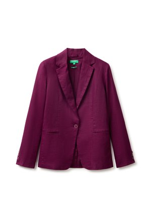 Blazer viola con bottone singolo, rever a lancia e due tasche frontali, mostrato su sfondo bianco.