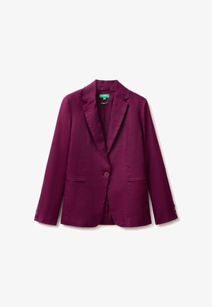 Lila Ein-Knopf-Blazer mit Kerbkragen und zwei Fronttaschen, präsentiert vor weißem Hintergrund.