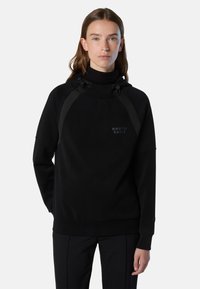 Sweatshirt noir avec un col montant, doté de cordons de serrage élastiques, de poignets côtelés et d'un imprimé logo. Texture lisse et coupe décontractée.