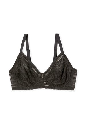 Czarny koronkowy biustonosz z fiszbinami, regulowanymi ramiączkami i motywem kwiatowym, rozłożony na płasko na białym tle.