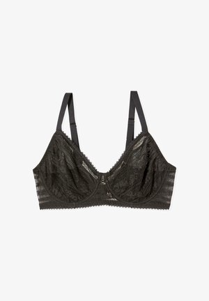 Czarny koronkowy biustonosz z fiszbinami, regulowanymi ramiączkami i motywem kwiatowym, rozłożony na płasko na białym tle.