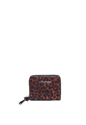 Petit portefeuille rectangulaire avec imprimé léopard marron et noir, fermeture éclair et logo Stradivarius sur le devant.