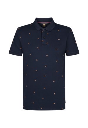 Námořnicky modré polo triko z texturované bavlněné směsi s drobnými oranžovými vzory listů, klasickým límečkem a tříknoflíkovou légou.