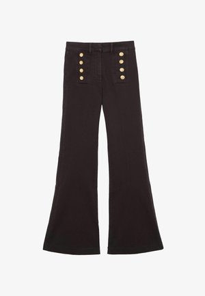 Schwarze, hoch taillierte Schlaghosen mit zwei Reihen von jeweils sechs goldenen Knöpfen vorne nahe dem Bund.