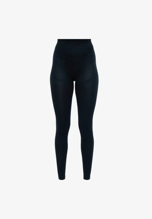 Schwarze Leggings mit hoher Taille, glatter Textur, dehnbarem Stoff und figurbetontem Design. Keine sichtbaren Muster oder Hardware-Details.