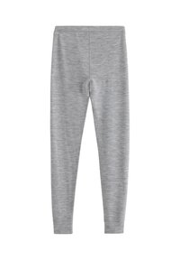 Graue Leggings aus einem weichen, dehnbaren Stoff. Sie verfügen über eine glatte Textur, ein figurnahes Design und einen elastischen Bund.