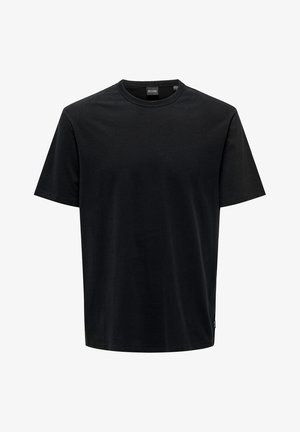 Schwarzes Baumwoll-T-Shirt mit rundem Halsausschnitt, kurzen Ärmeln und lockerer Passform; keine sichtbaren Muster oder Akzente. Einfaches und schmuckloses Design.