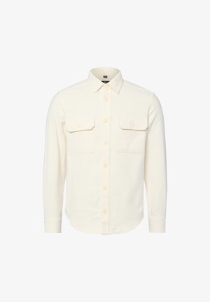 Witte lange mouwen blouse van een zachte, gestructureerde stof met twee borstzakken en een knoopsluiting aan de voorkant met bijpassende knopen.