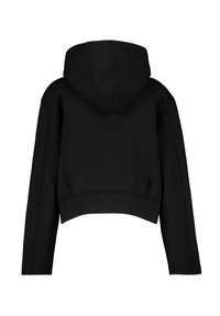 �Černá krátká mikina s kapucí, dlouhými rukávy a předním švem. Vyrobena z měkké, texturované látky s klasickým střihem.