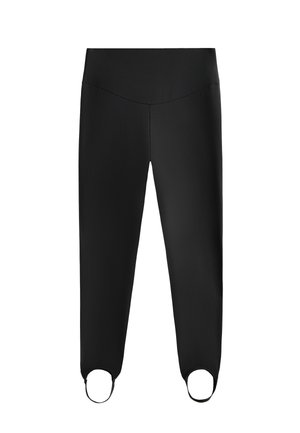 Črne legice z visokim pasom, gladko teksturo, ožjim krojem in edinstvenimi izrezi pri gležnjih.