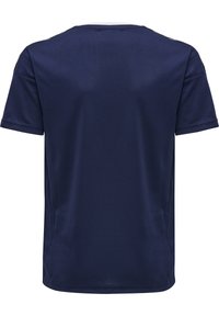 Mørkeblå atletisk t-shirt lavet af let, åndbart stof. Har en rund halsudskæring og korte ærmer, med en glat tekstur.