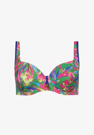 Biustonosz z fiszbinami w jaskrawym zielonym kolorze z kolorowym, kwiatowym wzorem. Posiada szerokie ramiączka oraz ozdobne złote elementy na środku.