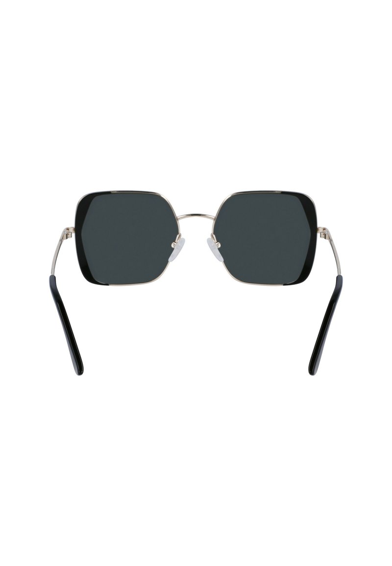 Czarne ośmiokątne okulary przeciwsłoneczne z ciemnymi szkłami, metalową oprawą i czarnymi zausznikami. Posiadają regulowane noski i elegancki design.