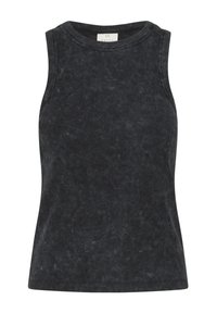 Sort ribbet tanktop uden ærmer med en rund halsudskæring, der har et struktureret stof og subtile farvevariationer.