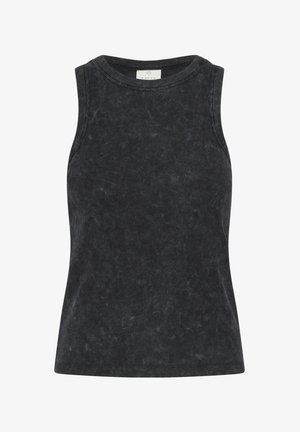 Top sans manches noir à côtes avec un col rond, présentant un tissu texturé et une légère variation de couleur.