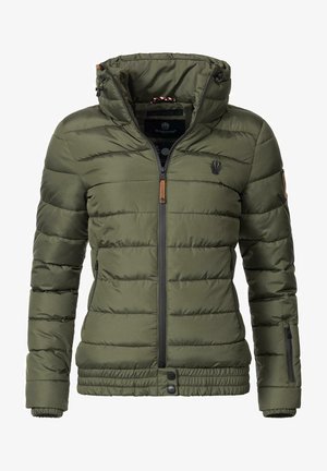 Olivgrüne Puffy-Jacke mit einem Reißverschluss vorne, Kapuze und elastischen Bündchen. Verfügt über ein horizontal gestepptes Design und zwei seitliche Reißverschlusstaschen.