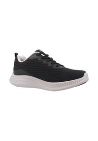 Scarpa sportiva nera con tomaia in maglia testurizzata, caratterizzata da una suola bianca e accenti grigi a contrasto, progettata per comfort e flessibilità.