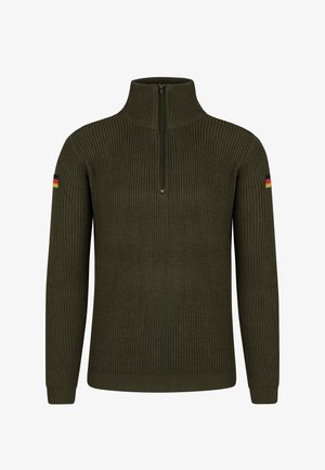 Olive green zip-neck sweater made of ribbed fabric; features German flag accents on the left sleeve.