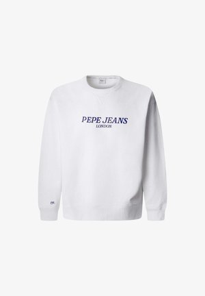 Balta džemperis, izgatavots no mīksta auduma, ar apaļu izgriezumu, garām piedurknēm un tumši zilā krāsā "PEPE JEANS LONDON" logo. Vienkārša dizaina.
