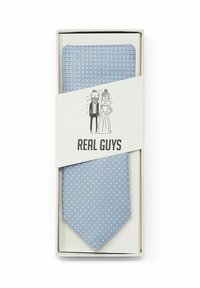 Hellblaues Krawatte mit einem Diamantmuster, präsentiert in einer weißen Box mit Illustrationen und dem Text "REAL GUYS" auf einem dekorativen Band.