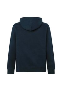 Tmavomodrá mikina s kapucňou a dlhými rukávmi, vyrobená z mäkkej tkaniny. Má priestrannú kapucňu a priliehajúce manžety na leme.