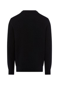 Schwarzer Strukturpullover mit einem karierten Muster, rundem Halsausschnitt und gerippten Bündchen. Aus einem weichen Stoff für maximalen Komfort gefertigt.