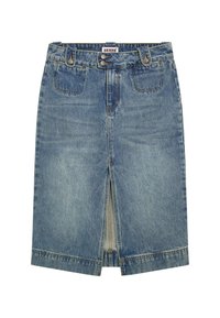 Leren denim rok in lichtblauw met een voorkant split, twee voorzakken, riemlussen en contrasterende stiksels. Gladde textuur met een klassieke pasvorm.
