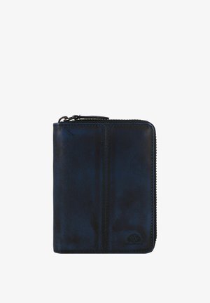 Leather wallet in dark blue, featuring a zip closure, smooth texture, and visible stitching. Compact rectangular shape with logo detail.