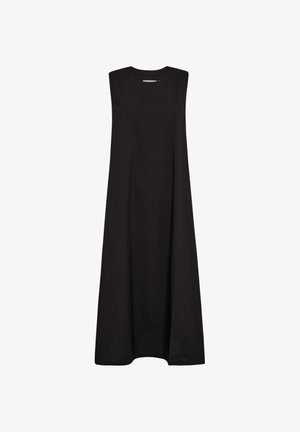 Robe midi noire sans manches avec encolure ronde, coupe ample et tissu lisse.