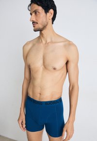 Slip blu con un cinturino elasticizzato nero decorato con la scritta "BJÖRN BORG". Il tessuto appare liscio e aderente sulla pelle.