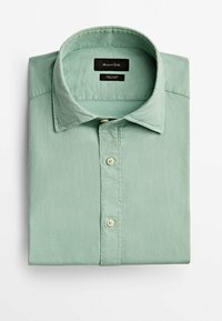 Hellgrünes Hemd zum Knöpfen aus feinem Baumwollstoff. Verfügt über einen klassischen Kragen, eine vordere Knopfleiste mit drei Knöpfen und eine glatte Textur.