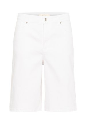 Shorts en denim blanc coupés droit, avec une fermeture à bouton à l'avant, des passants de ceinture et deux poches avant. Texture lisse.