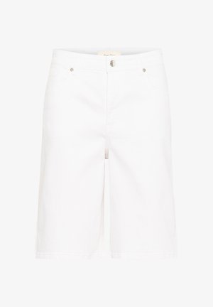 Bermudas de mezclilla blancas con corte recto, con cierre de botón en el frente, trabillas para cinturón y dos bolsillos frontales. Textura suave.