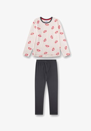 Long-sleeve white top with red lip prints paired with plain black leggings, flat lay against white background.