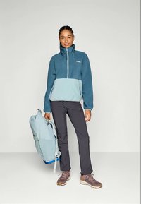 Pull en polaire teal et bleu clair, avec une fermeture éclair au cou, associé à un pantalon noir et un sac à dos bleu clair. La texture semble douce.