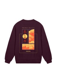 Maroon sweatshirt with graphic design featuring wave patterns in orange and yellow, framed text elements, and "Shibui Series" title.