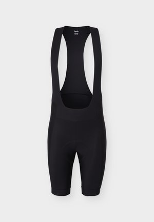 Černé cyklistické náprsní kraťasy s polstrovaným sedlem a širokými ramenními popruhy, navržené pro střední velikost.