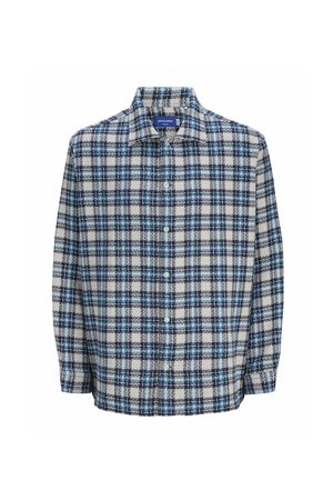 Rutete flanellskjorte i hvit, marineblå og blå, med knapping foran, krage og lange ermer med standard mansjetter.