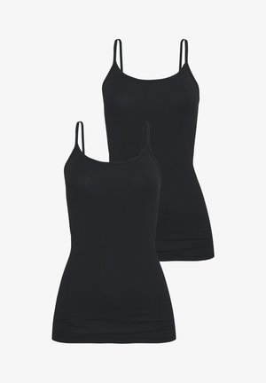 Black camisoles with thin straps, made of soft cotton material. Fitted design with seamless sides, offering a smooth silhouette. Two-pack.