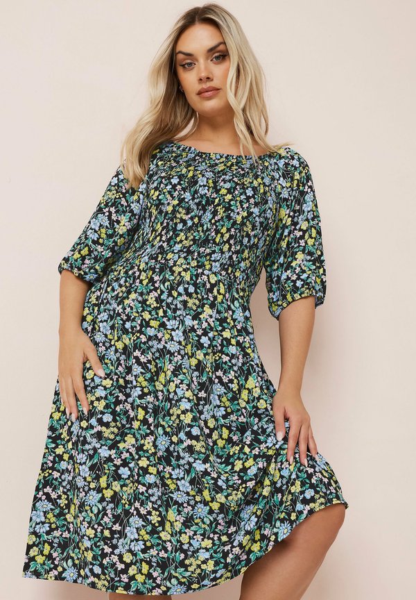 FLORAL PRINT SHIRRED MIDI - Freizeitkleid