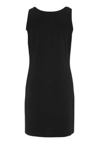 Schwarzes ärmelloses Kleid aus weichem Stoff. Schlichtes Design mit runder Ausschnittform und leicht taillierter Silhouette, ohne zusätzliche Muster oder Akzente.