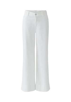 Pantalon blanc à jambes larges avec bouton à l'avant, fermeture éclair, passants de ceinture et poches latérales, présenté sur un fond blanc.