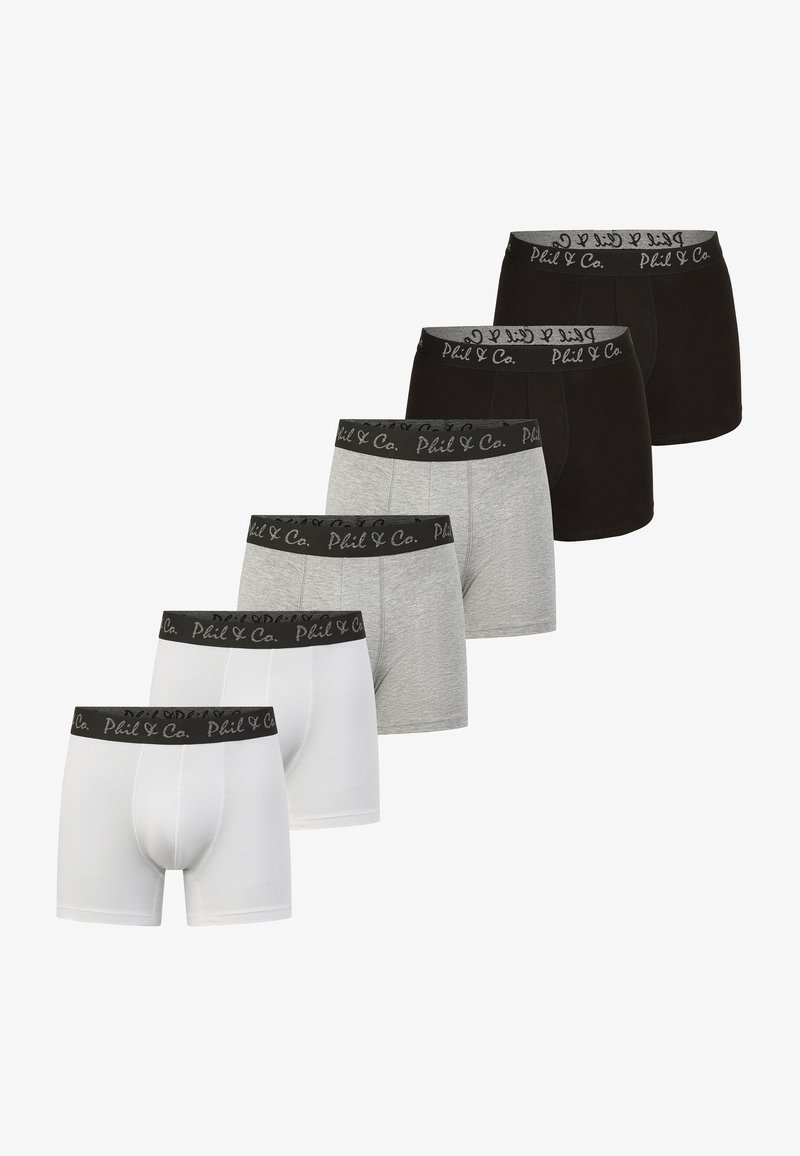 Ensemble de six boxers en blanc, gris et noir. Tissu en coton doux avec une taille élastique arborant le logo "Phil & Co.".