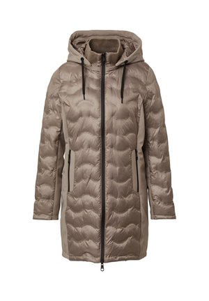 Gequilted pufferjas in zacht beige met een capuchon, zwarte rits en zijzakken. Kenmerkt zich door een gladde textuur en een afgeronde zoom.