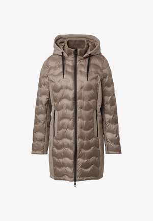Puchowa kurtka pikowana w jasnym beżu z kapturem, czarnym zamkiem błyskawicznym i bocznymi kieszeniami. Charakteryzuje się gładką fakturą i zaokrąglonym dołem.