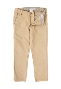 Pantalones de algodón beige con cremallera, cierre de botón y bolsillos frontales; cuentan con una cinturilla interior texturizada y un diseño de pierna recta.
