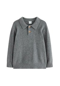 Szary sweter wełniany z długimi rękawami, kołnierzykiem oraz trzema drewnianymi guzikami. Żebrowany dół i mankiety, miękka tekstura, prosty design.