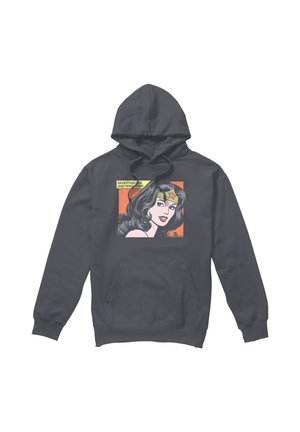 Dark gray hoodie with front pocket, featuring a comic-style woman with black hair and a headband with a red star, text reads "Nevertheless, she persisted."